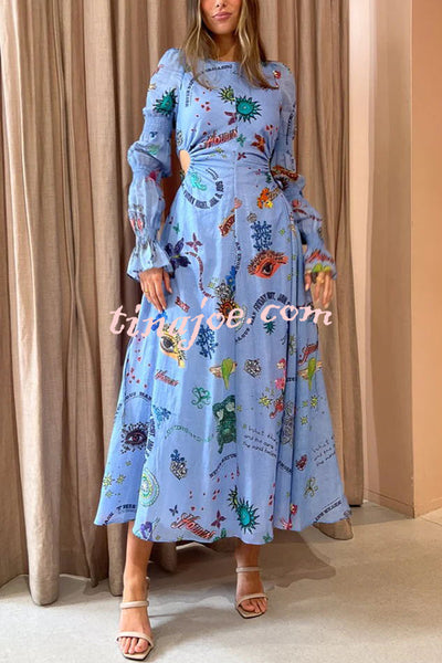 Special Holiday Linen Blend Unique Print Cut Out Puff Sleeve Lightweight Midi Dress