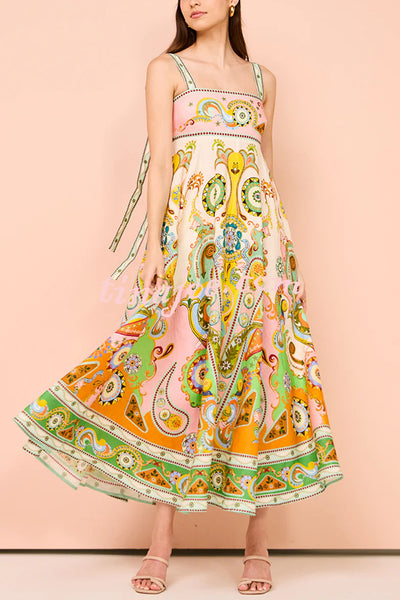 Summer Serenade Linen Blend Unique Print Tie-up Strap Smocked Pocketed Maxi Dress