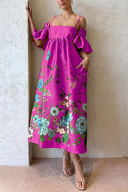 Sweetest Marigold Printed Gathered Sleeve Pocketed A-line Midi Dress