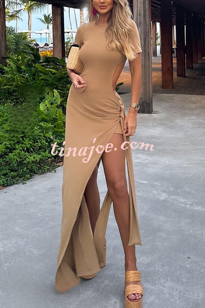 Holiday Party Ribbed Knit Cutout Waist Straps Slit Maxi Dress