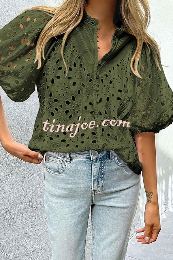 Hollow Embroidered Lace V-neck Buttoned Lantern Sleeve Blouse