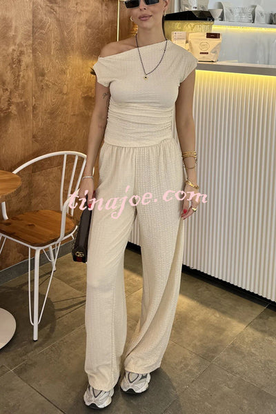 Casual Style Girl Texture Fabric One Shoulder Ruched Top and Elastic Waist Pants Suit