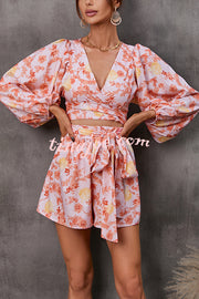 Artfully Done Palace Print Lace-up Elastic Waist Loose Romper