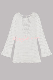 Sunset Love Knit Open Back Tie-up Flare Sleeve Cover Up Mini Dress