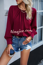 Elegant Round Neck Pleated Long Sleeve Solid Color Top