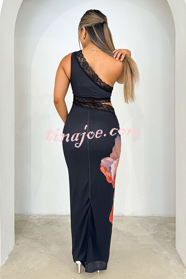 Irae Mesh Floral Print One Shoulder Cutout Lace Trim Stretch Maxi Dress
