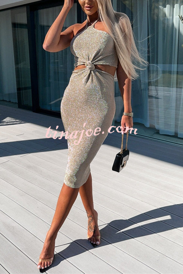 Slay The Look Knit Front Knotted Cutout Halter Midi Dress