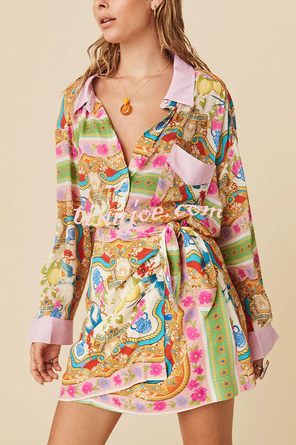 Oceans of Love Unique Print Patchwork Pocketed Loose Flow Shirt