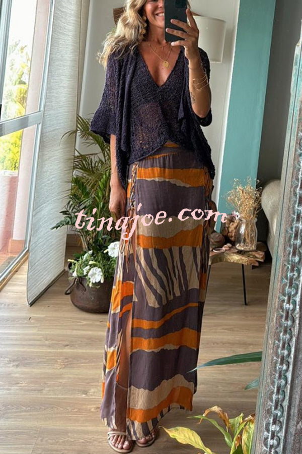 Bendita Colorblock Print Elastic Waist Side Lace-up Slit Maxi Skirt