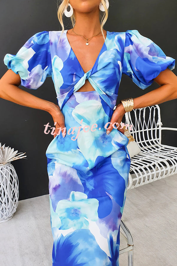 Sophia Floral Print Satin Puff Sleeve Twist Bust Cutout Midi Dress