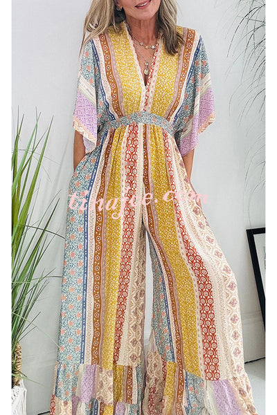 Last Queen Retro Floral Flare Sleeve Pocketed Loose Wide Leg Jumpsuit