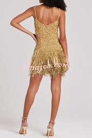 Sparkle City V Neck Strappy Fringed Sequin Mini Dress