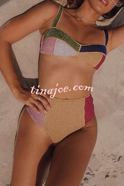 Dream Beach Glitter Fabric Color Block High Waist Bikini Swimsuit