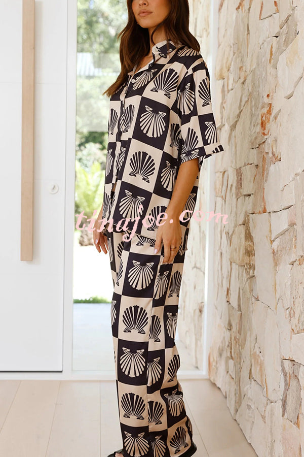Freedom Forever Unique Print Short Sleeve Loose Shirt and Elastic Waist Pants Set