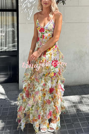 Sunrise Goddess Chiffon Roses Print Ruffles Tiered Trim Maxi Dress