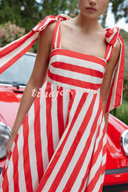 Treasured Times Stripe Print Tie-up Shoulder Pocketed A-line Maxi Dress