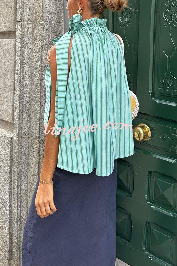 Casual Loose Ruffle Lace-up Collar Sleeveless Striped Top