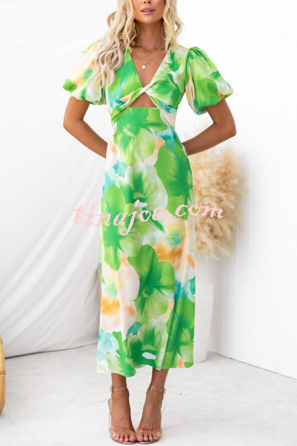 Sophia Floral Print Satin Puff Sleeve Twist Bust Cutout Midi Dress