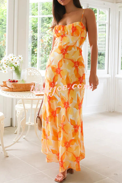 Debbie Floral Print Gathered Open Back Strappy Maxi Dress