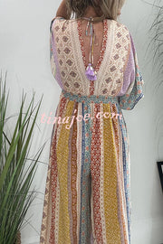 Last Queen Retro Floral Flare Sleeve Pocketed Loose Wide Leg Jumpsuit