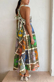 Ocean Legend Linen Blend Mermaid Print Halter Tie-up Midi Dress