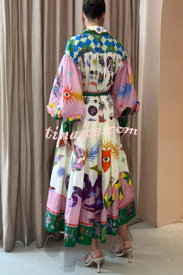Effortless and Playful Unique Print Balloon Sleeve Shirt Midi Dress