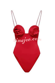 Three Dimensional Floral Suspender Pleated One Piece Swimsuit Set