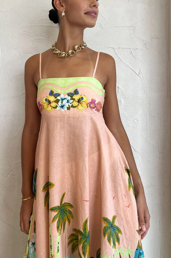 Coconut Scenery Linen Blend Tropical Print Smocked Back Midi Dress