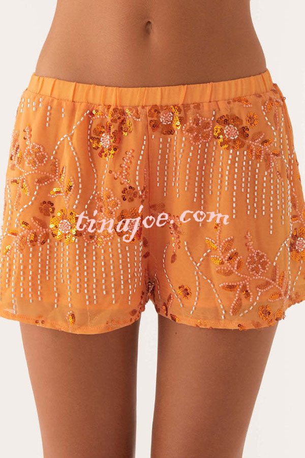 Dazzling Sequin Beaded Material Low Rise Elastic Waist Loose Shorts