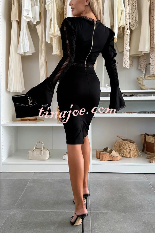 Career Beauty Lace Paneled Long Bell Sleeve Crop Top and High Rise Mini Skirt Set