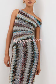 Cocktails and Vacation Knit Colorful Zigzag Pattern One Shoulder Slit Maxi Dress