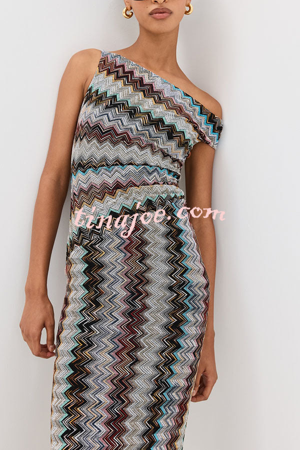 Cocktails and Vacation Knit Colorful Zigzag Pattern One Shoulder Slit Maxi Dress