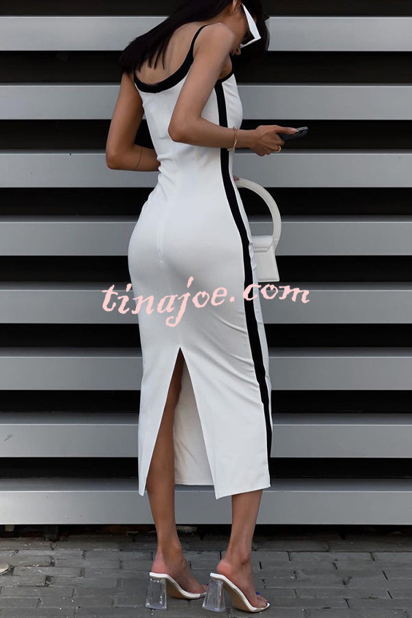 Contrast Color Patchwork Slim Fit Slit Suspender Midi Dress