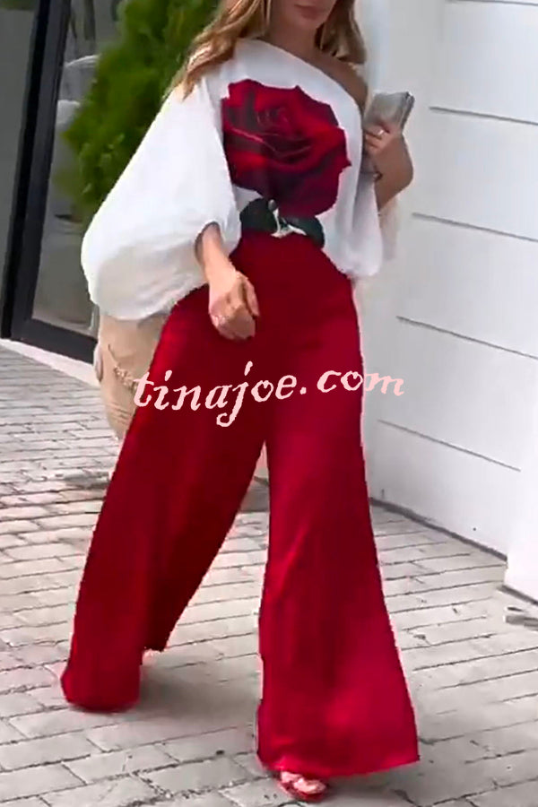 Elegant Rose Print Long Sleeve Belted Wide Leg Pants Suit