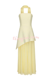 Monaco Off Shoulder Structured Top Chiffon Slit Hem Scarf Maxi Dress