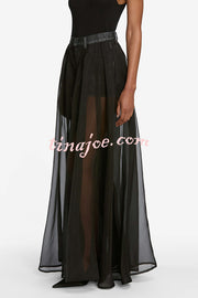 Avant-garde Fashion Denim Flowing Organza Patchwork Pocketed Wide Leg Jeans