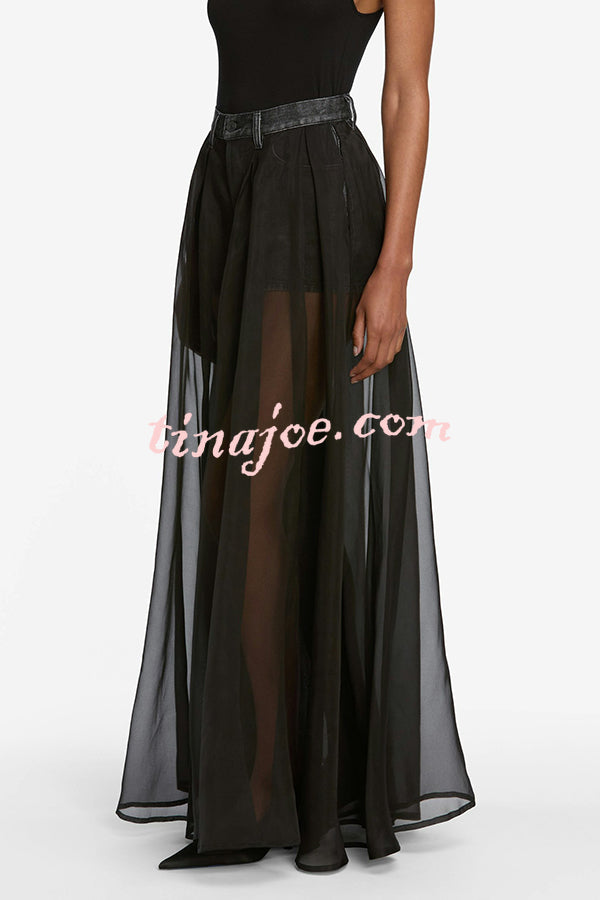 Avant-garde Fashion Denim Flowing Organza Patchwork Pocketed Wide Leg Jeans