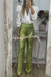 Glitzy Glamour Sequin High Rise Elastic Waist Wide Leg Pants