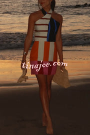 Jeniah Linen Blend Color Block Print Cross Halter Tie-up Loose Mini Dress