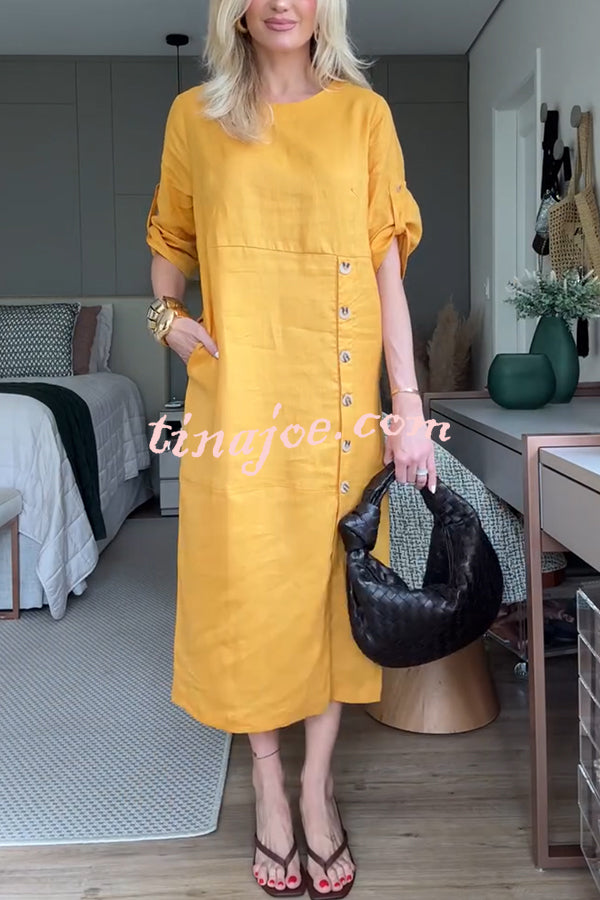 Ultra-comfortable Linen Blend Half Sleeve Front Button Detail Relaxed Pocket Midi Dress