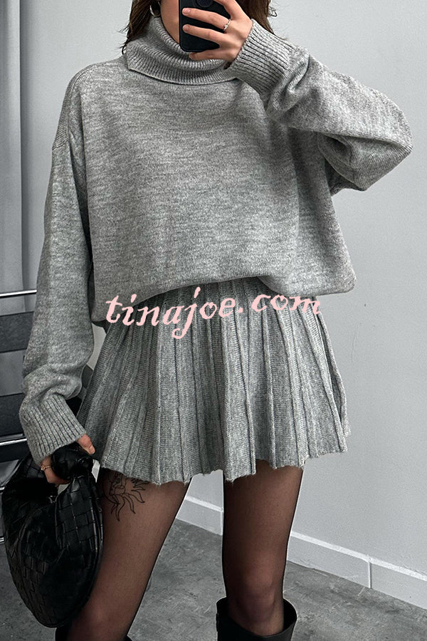 Solid Color Casual Preppy Knit Top and Knit Stretch Pleated Mini Skirt Set