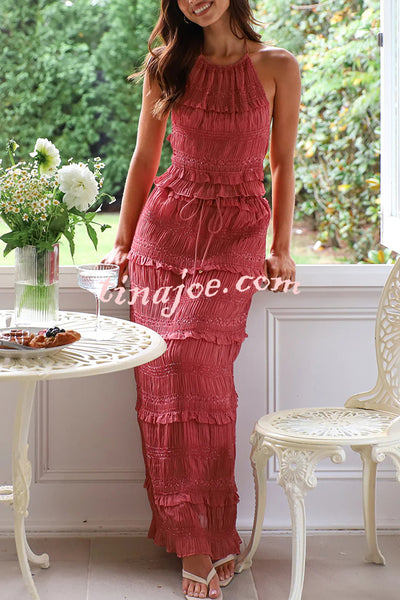 Feel Chic and Romantic Sequin Textured Material Drawstring Waist Tiered Maxi Skirt