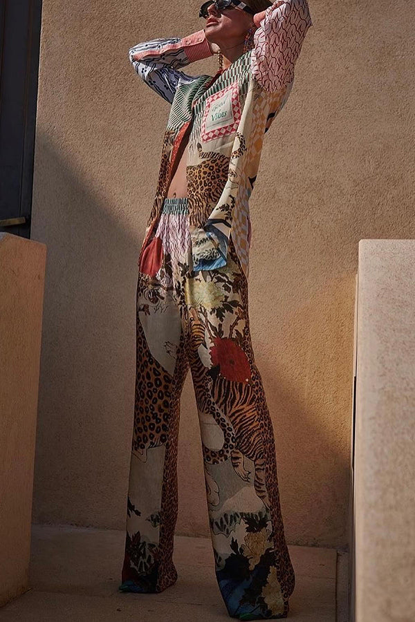 Tropical Jungle Tiger Unique Print Long Sleeve Loose Shirt and Elastic Waist Pants Set