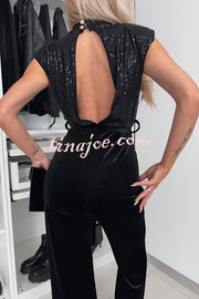 Perfect Party Style Sequin Velvet Patchwork Backless Flare Stretch Jumpsuit