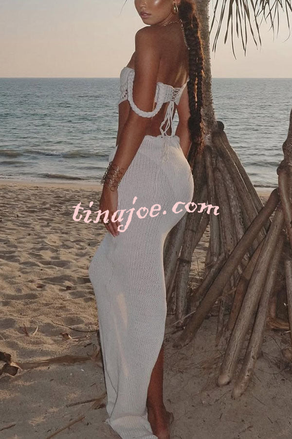 Kala Crochet Knit Braid Waist Slit Stretch Maxi Skirt