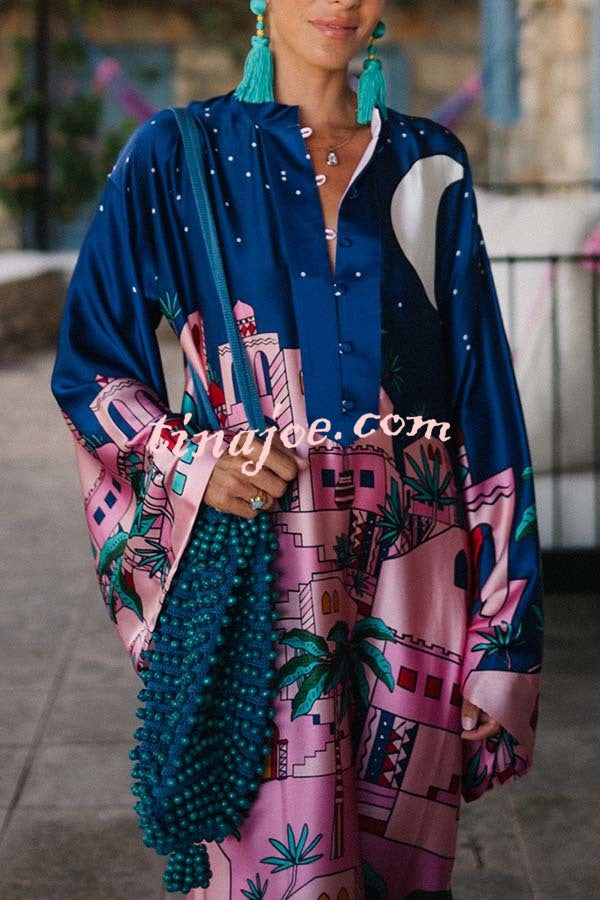 Seaside Stroll Satin Unique Print Button Up Long Sleeve Slit Kaftan Midi Dress