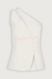 Full of Design Solid Color One Shoulder Asymmetric Slit Button Casual Vest