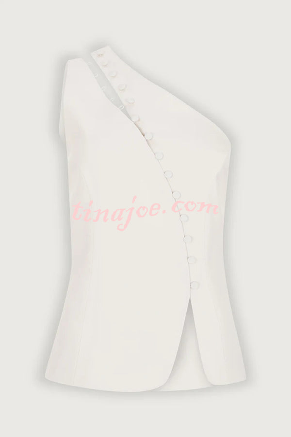 Full of Design Solid Color One Shoulder Asymmetric Slit Button Casual Vest