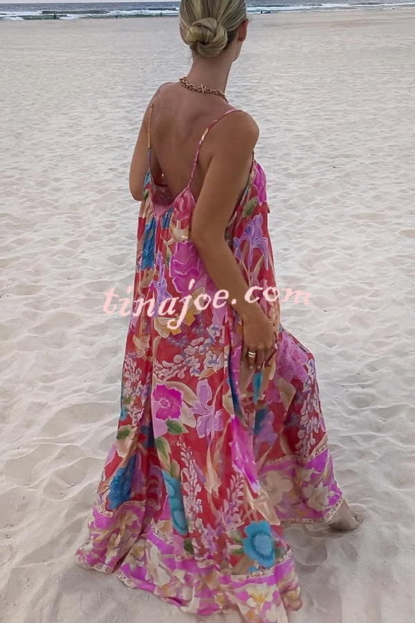 Painter's Garden Boho Floral Print Strappy A-line Maxi Dress