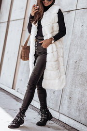 Solid Color Fur Round Neck Sleeveless Midi Vest Jacket